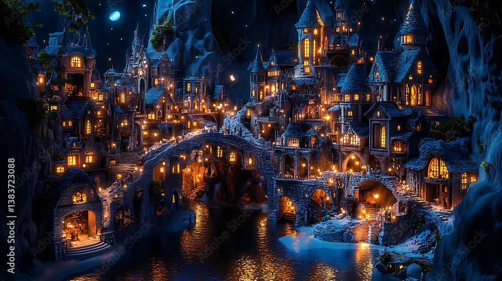 Poster the underground city of medieval culture is illuminated by artificial light sources, 3d rendering