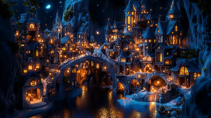 Naklejka premium The underground city of medieval culture is illuminated by artificial light sources, 3d rendering