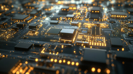Close-up of computer microchips on a circuit board, showcasing intricate microchip design and technology. Microchips and circuit board in focus. Technology and futuristic.