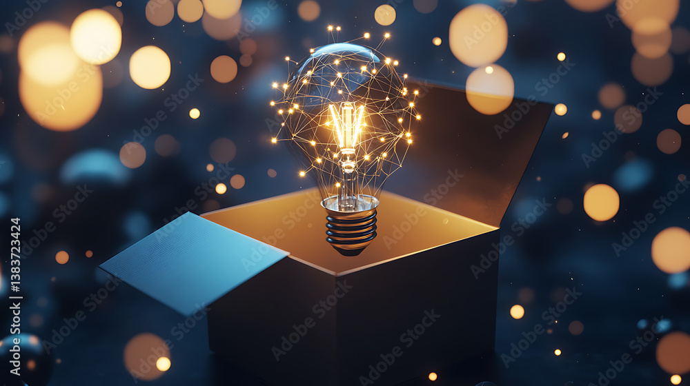 Aufkleber Think outside the box with this abstract open box and light bulb, geometric background, wireframe structure for light connections, modern 3d graphic concept, isolated illustration