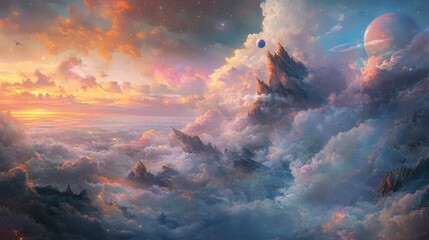 Fototapeta premium Surreal sunset landscape with floating mountains, clouds, and planets in a vibrant sky.