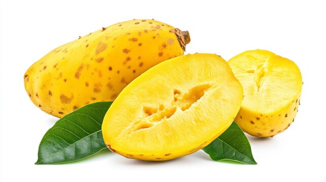 Fresh Babaco Fruit Still Life Featuring Cut Fruit and Green Leaves