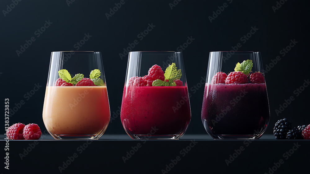 Poster three glasses with different smoothies with fruits and berries