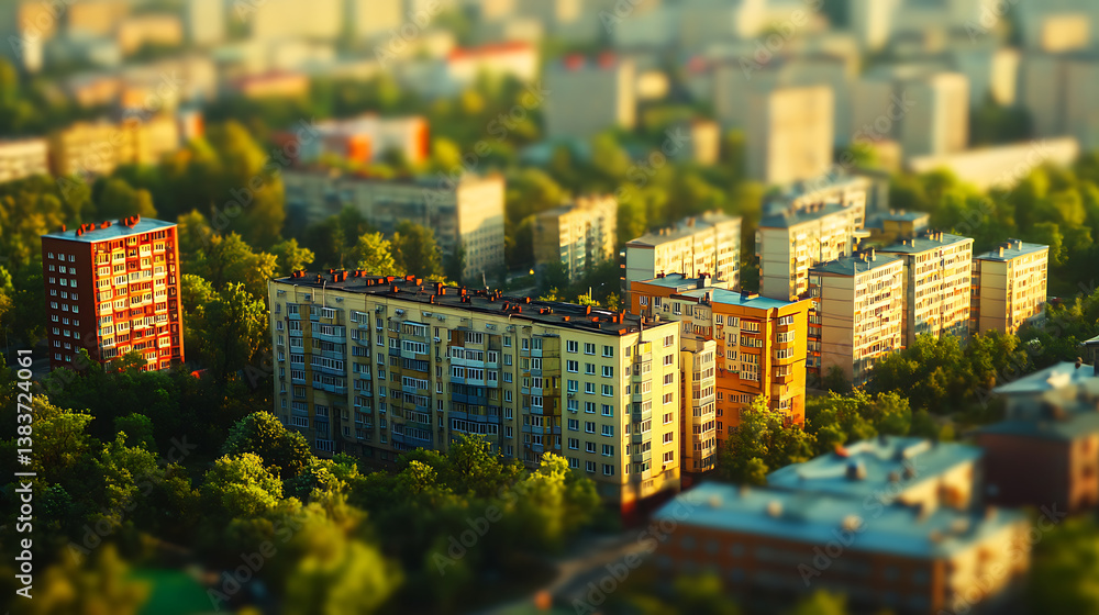 Poster tilt-shift miniature-style photo of a colorful model cityscape with various buildings and trees, urb