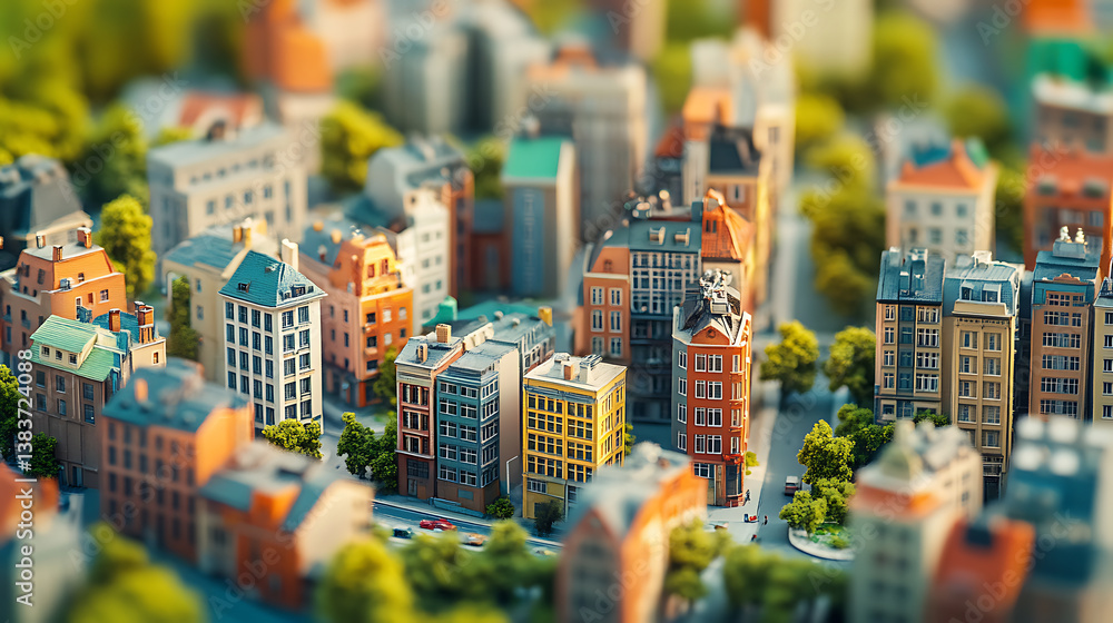Poster tilt-shift miniature-style photo of a colorful model cityscape with various buildings and trees, urb