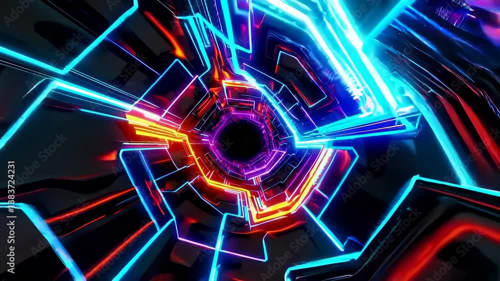 Poster futuristic abstract tunnel with neon lights and vibrant color patterns