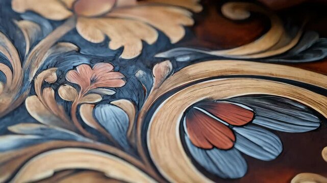Crafting intricate floral designs on wooden surfaces in a traditional workshop environment