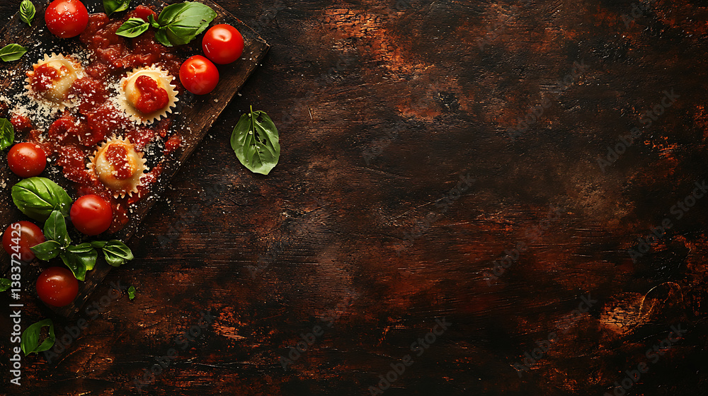 Poster top down image of ravioli with tomato sauce, parmesan and basil on a rustic background