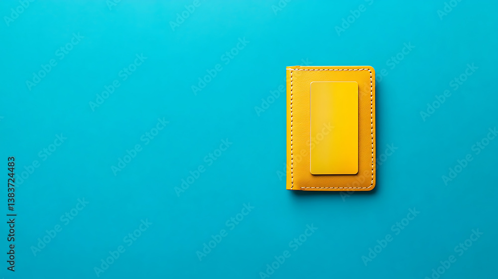 Poster top view of a credit card in a yellow wallet on a blue background