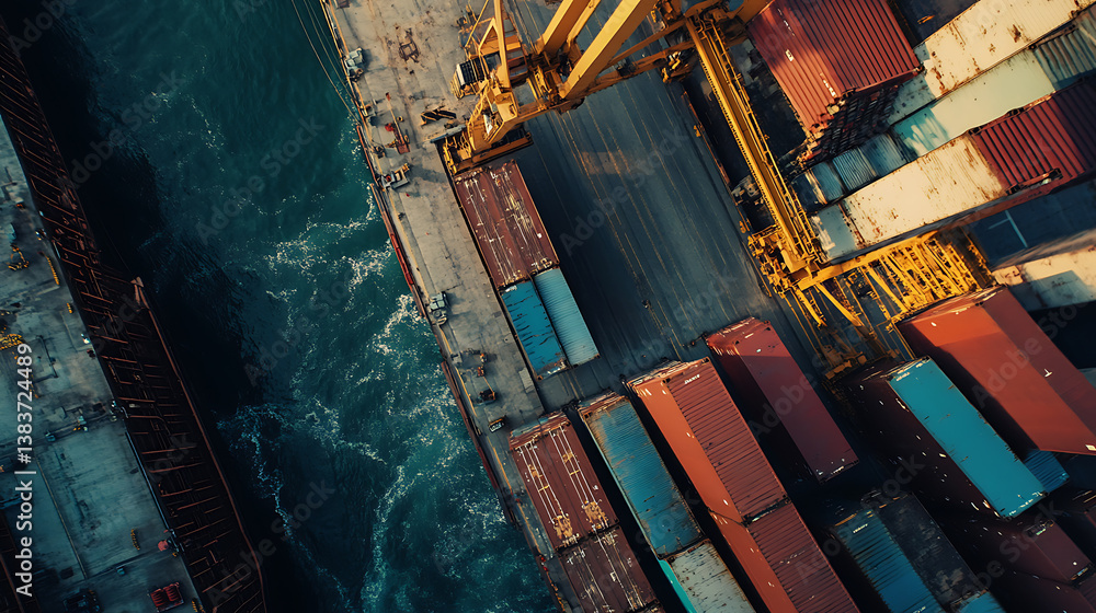 Poster Top view from the height of the loading and unloading of a container ship, aerial view, panoramic shot