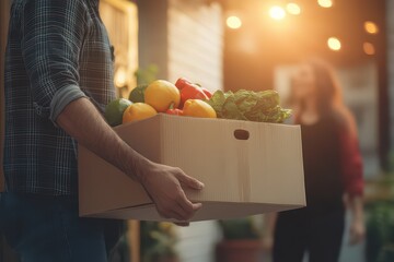 Person carrying a box of fresh vegetables and fruits while interacting with another individual outdoors