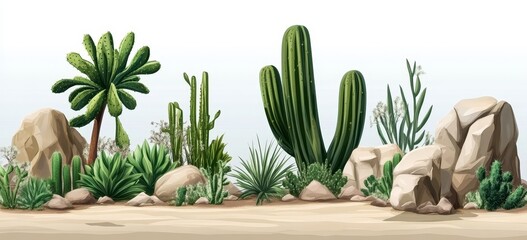 Desert Oasis Cactus, Rocks and Arid Plants, Desert , Landscape