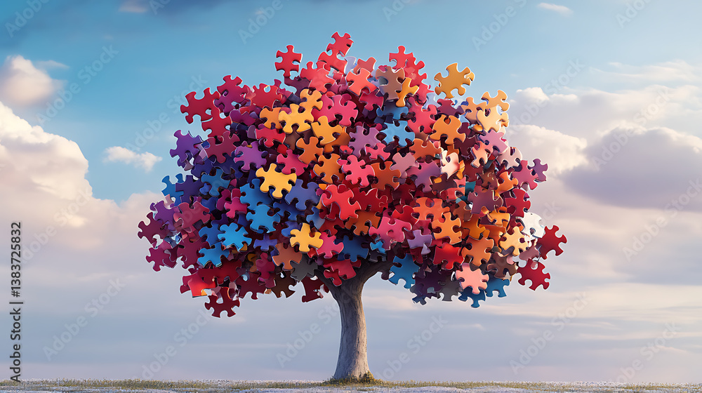 Poster tree made of colorful puzzles