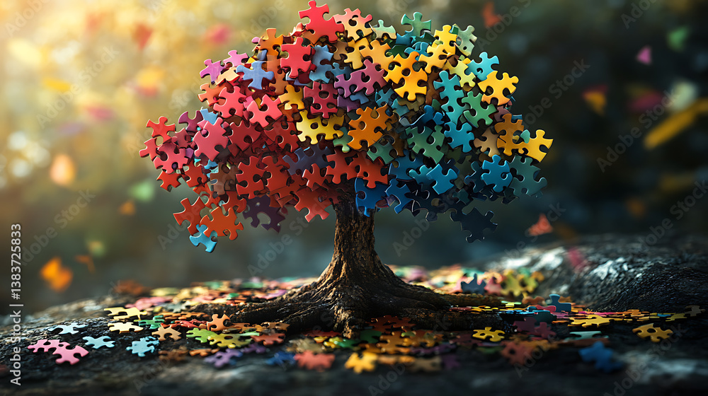 Poster tree made of colorful puzzles