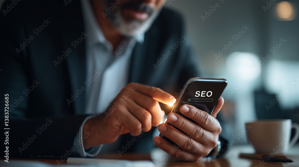 Aufkleber seo optimization concept, tool digital online businessman using smartphone with search bar internet 