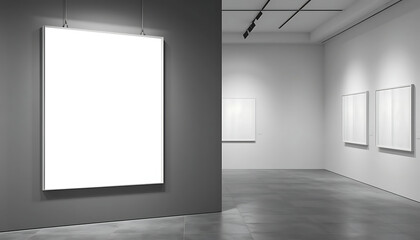Empty Vertical Canvas Hanging in Contemporary Art Exhibition with Grayscale Aesthetic


