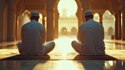 Two men in traditional Islamic attire, engaged in prayer. Islamic men, dressed in white, are bowing in prayer. Islamic prayer scene highlights the men's religious devotion and traditional attire.