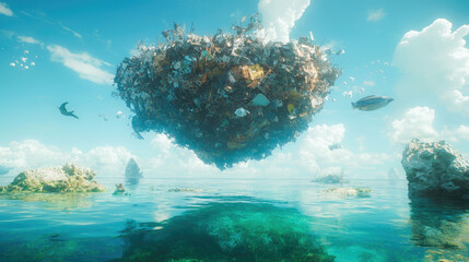 Naklejka premium Floating island of trash environmental pollution over ocean concept art