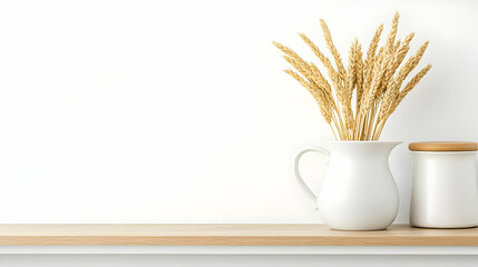 Dried Wheat Sprigs In A White Ceramic Vase On A Wooden Shelf Against A White Wall