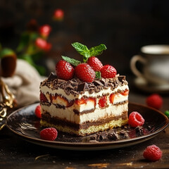 Healthy gourmet dessert with fresh berries, dark chocolate, and natural ingredients