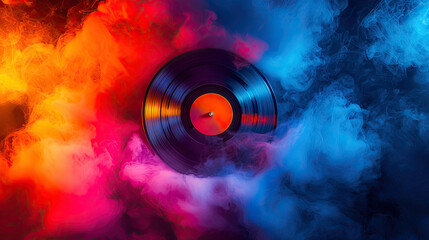 Vinyl record music album audio disc dj turntable colorful smoke art design