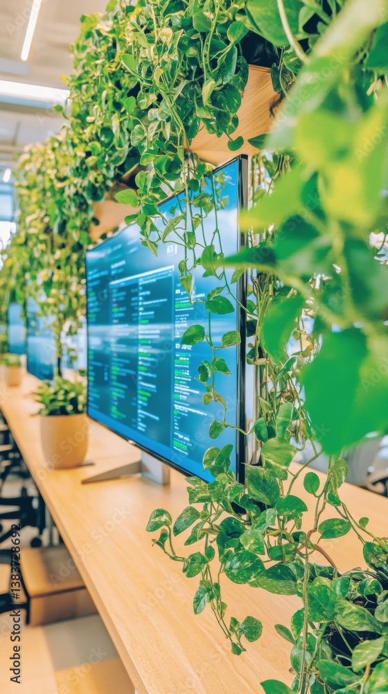 Poster verdant tech sanctuary biophilic workspace design merging sustainable investment analytics with livi
