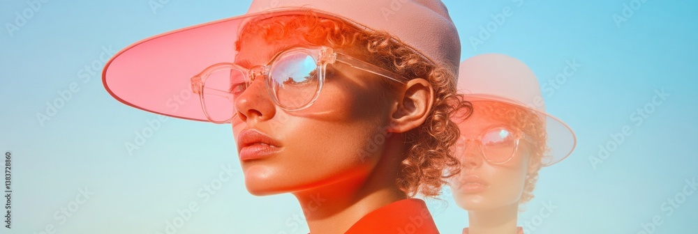 Poster ethereal tech-chic gradient optical layered portrait exploring augmented identity and next-gen visua