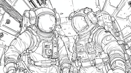 Obraz premium Futuristic Coloring Book Page Featuring Two Astronauts in a Spacecraft with Intricate Details