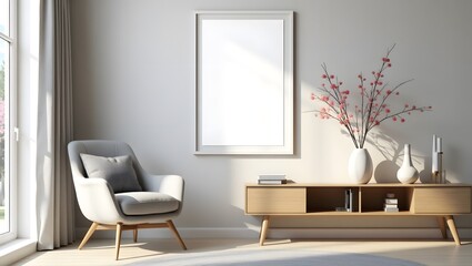 Design interior of living room at modern apartment with white mock up photo frame, wooden shelf, stylish chair, vase with flower, books.