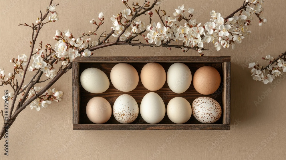 Poster a rustic wooden box holds a variety of beautifully colored eggs, perfectly arranged. delicate cherry