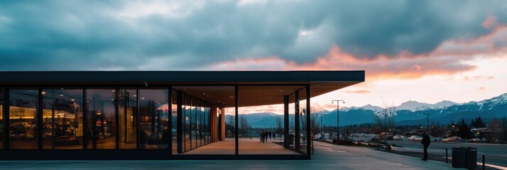 Fototapeta premium Minimalist Mountain-View Architecture Glass Pavilion Design at Twilight - Sustainable Urban Infrastructure with Panoramic Landscape Integration and Contemporary Spatial Innovation
