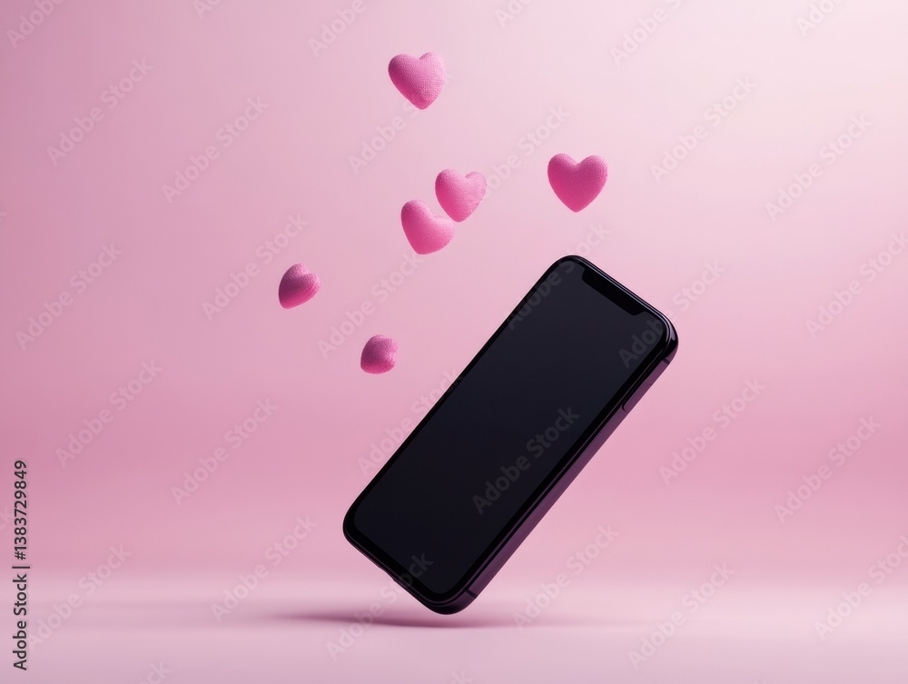 Poster digital romance redefined minimalist smartphone levitating with soft pink hearts - next-gen dating a