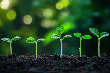 Five Green Seedlings Growing in Rich Soil, Natures Growth