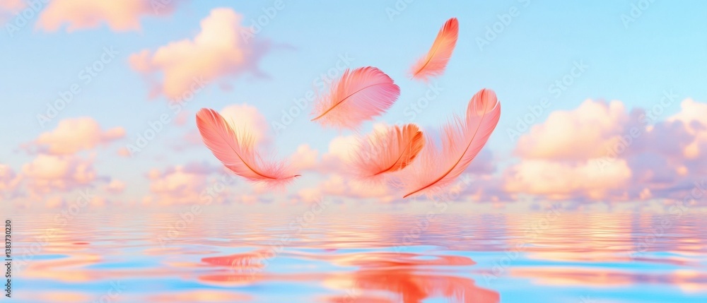 Poster soft serenity ethereal wellness visual with floating pastel feathers - mindful digital content for c
