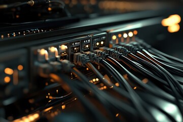 Network switch and ethernet cables in data center 3d rendering close up of network cables connected to an internet hub shallow depth of field.