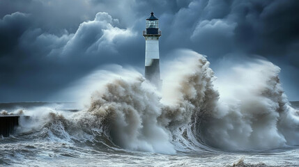 Waves Splashing Against Roker Lighthouse At The End Of A Pier; Sunderland, Tyne And Wear, England