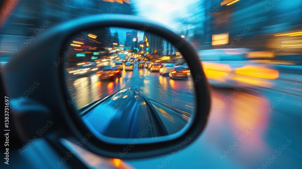 Aufkleber blurred city lights reflecting in the rearview mirror create a dynamic image