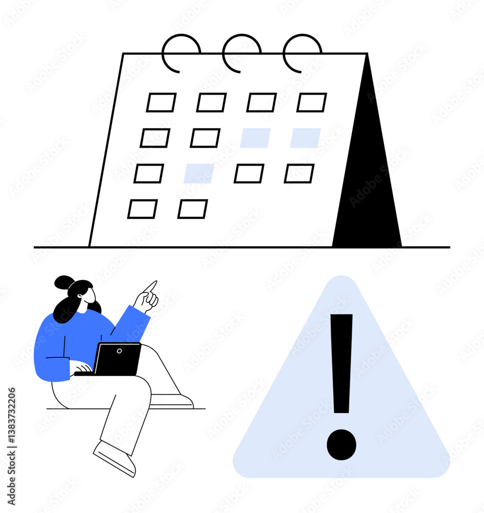 Poster calendar with marked dates, exclamation alert, and focused person using laptop. ideal for scheduling
