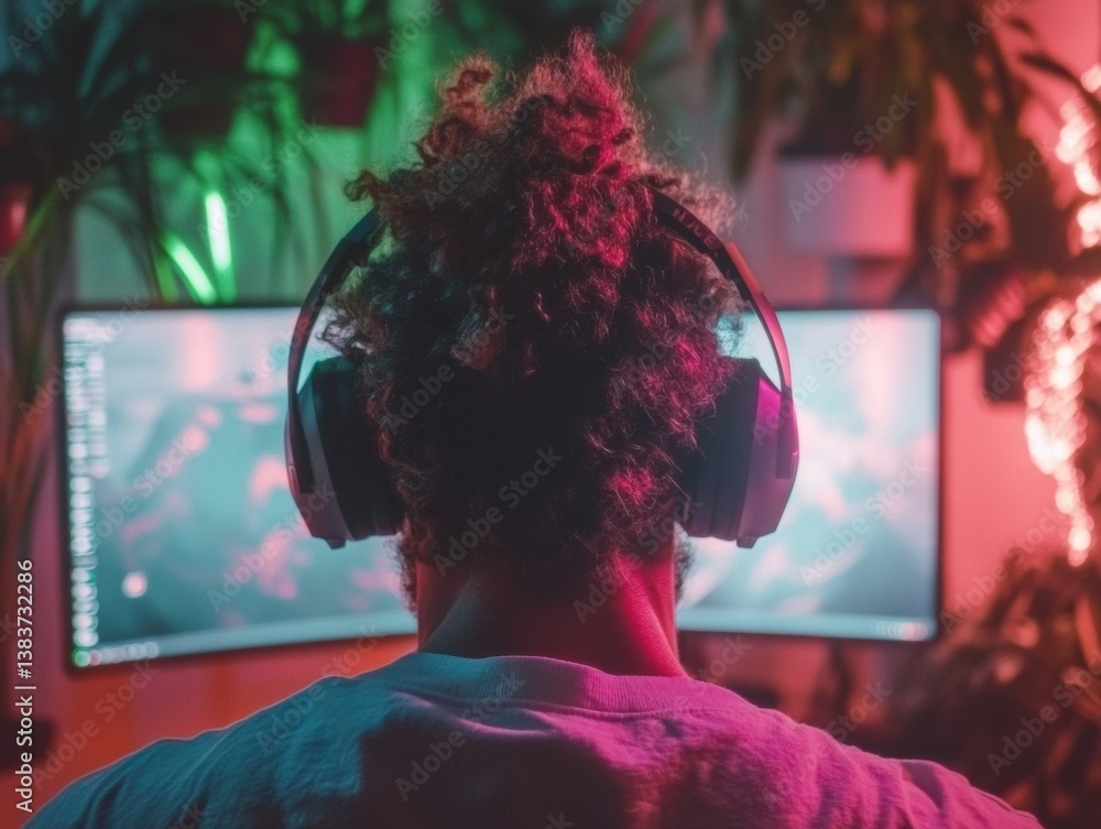 Poster immersive digital creator workspace cyberpunk-inspired gaming setup with multi-monitor streaming env