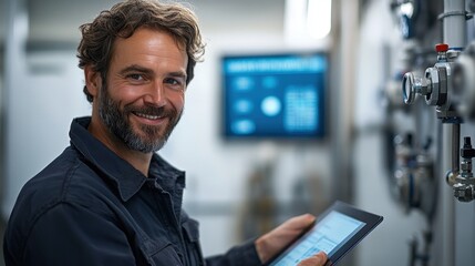 Engineer Smiling While Using Tablet to Monitor Industrial Equipment Systems