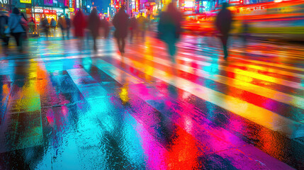 Fototapeta premium Neon city lights reflecting on wet street with people crossing at night
