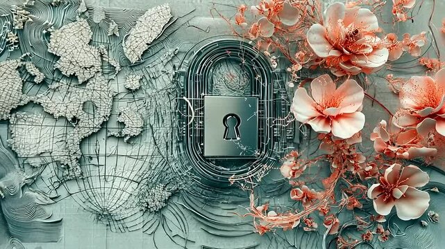 Abstract design featuring a lock surrounded by floral elements and textured backgrounds, symbolizing security