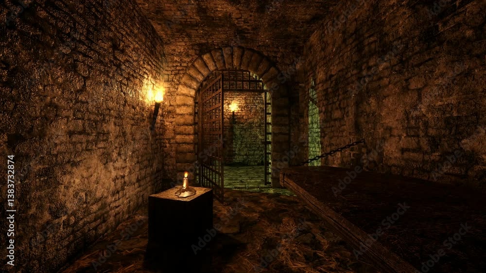Poster medieval dungeon cell with a candle on a table next to a wooden bed. 3d animation.