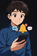 Anime alert notification concept. Push Notifications, Web Reminders, Time Table and Announcements. Person using smartphone with notification icon on virtual screen.