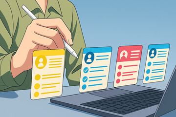 anime Concept of online recruitment, job applications, and human resources. HR manager use laptop to checking cv resume on virtual screen for team building.