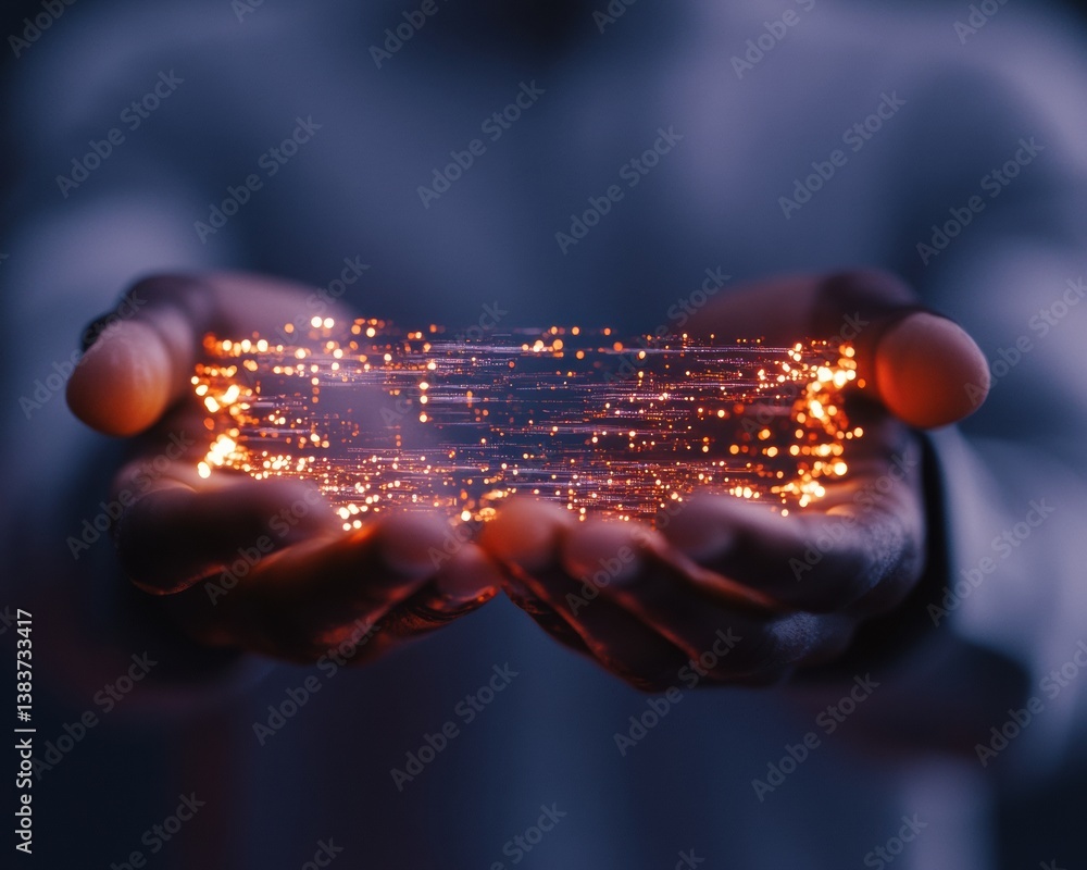 Poster Immersive Digital Transformation Holographic Network Innovation Showcasing Futuristic AI Connectivity in Hands-On Professional Tech Visualization