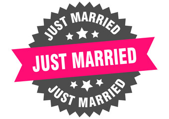 just married. just married round pink label isolated on transparent background