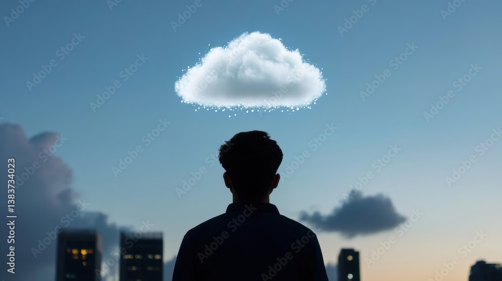 Poster Futuristic Cloud Computing Visionary Immersive Digital Transformation Concept Revealing Innovative Tech Infrastructure and AI-Powered Network Connectivity at Urban Twilight