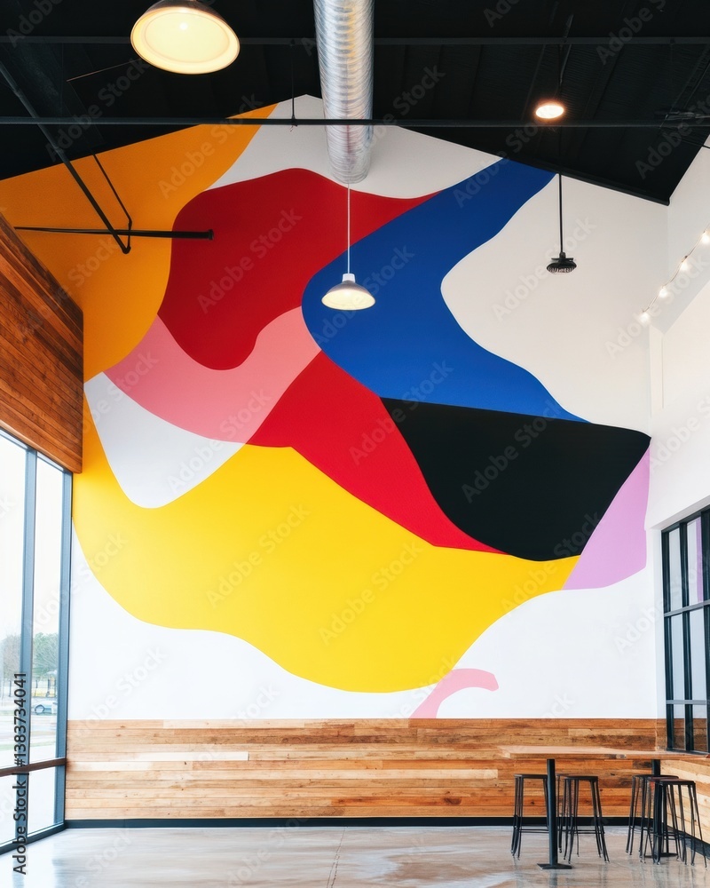 Aufkleber Vibrant Abstract Urban Design Geometric Color Block Mural Transforming Contemporary Workspace with Bold Creative Expression and Innovative Brand Identity Storytelling