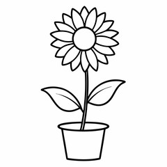 Pot Sunflower Flower Outline Vector – Line Art Drawing for Coloring Book Page on White Background
